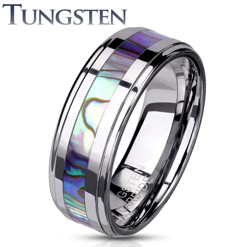 Abalone Inlay Center Stepped Edges Tungsten Carbide Ring 8mm width size 10